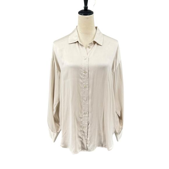 Everlane Cream Gray Silver Satin Silk Long Sleeve Button Up Collared Blouse - Picture 1 of 10